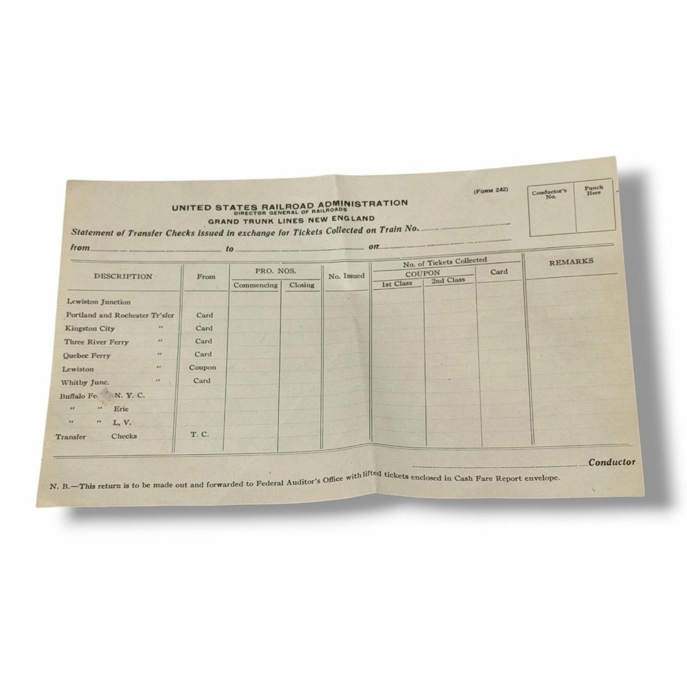 Vintage Grand Trunk Lines New England Railroad Transfer Statement Form JX